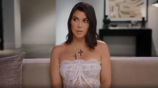 Dolce & Gabbana Chantilly Lace Bustier Top worn by Kourtney Kardashian as seen in The Kardashians (S02E07)