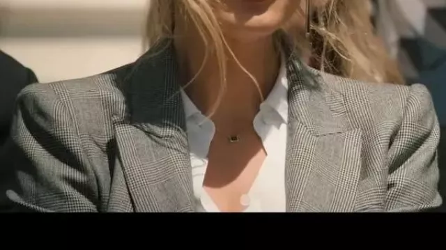 Prince of Wales-pattern wool blazer in grey worn by Beth Dutton (Kelly Reilly) in Yellowstone TV show wardrobe (S05E01)