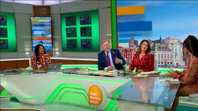 The Fold London Liberta Dress Terracotta Red And Ivory Wave Print Silk worn by Ranvir Singh as seen in Good Morning Britain on November 7, 2022