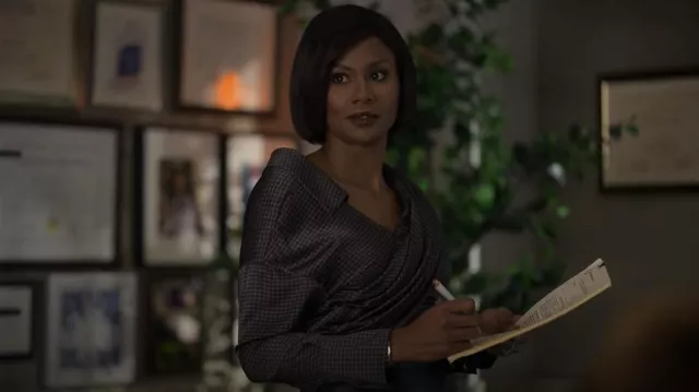 Hellessy Halsey Houndstooth Asymmetric Silk Top worn by Jax Stewart (Emayatzy Corinealdi) as seen in Reasonable Doubt (S01E08)