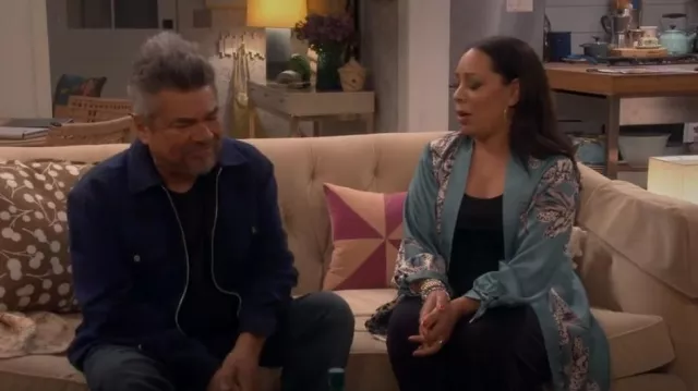 Chico's Reversible Floral To Animal-Print Duster Jacket worn by Rosie (Selenis Leyva) as seen in Lopez vs. Lopez (S01E01)