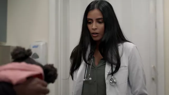 L'Agence Green Ryan Blouse worn by Saanvi Bahl (Parveen Kaur) as seen in Manifest (S03E01)