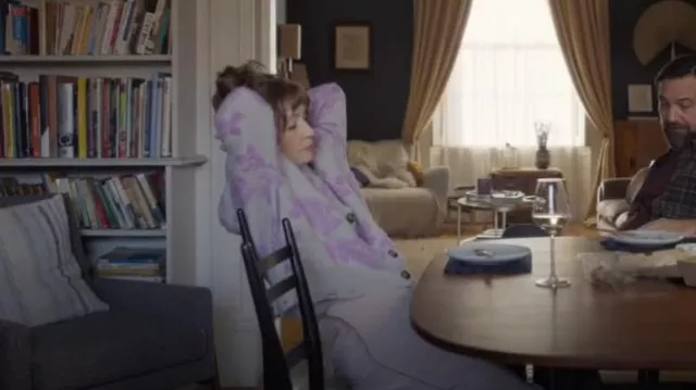 Anthropologie Saoirse Cardigan In Purple worn by Susan Ryeland (Lesley Manville) as seen in Magpie Murders (S01E01)
