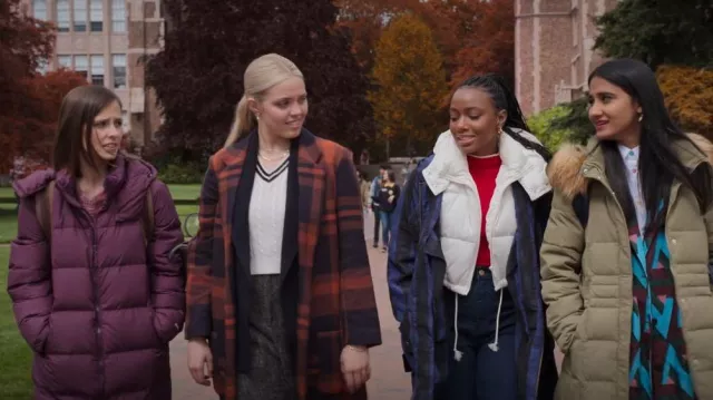The North Face Nuptse Long Parka worn by Kimberly Finkle (Pauline Chalamet) as seen in The Sex Lives of College Girls (S02E01)