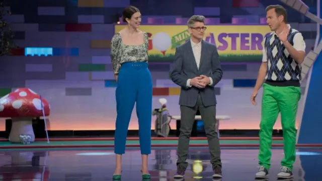 Zara Heeled Mules in green with Rhi­nes­stones worn by Amy Corbett as seen in LEGO Masters (S03E08)
