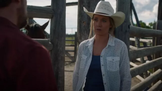 Eddie Bauer White Polka Dot Crinkle Top worn by Amy Fleming (Amber Marshall) as seen in Heartland (S16E07)