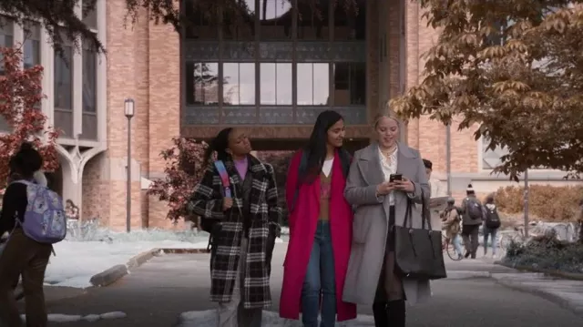 Calvin Klein Plaid Walker Coat worn by Whitney Chase (Alyah Chanelle Scott) as seen in The Sex Lives of College Girls (S02E03)