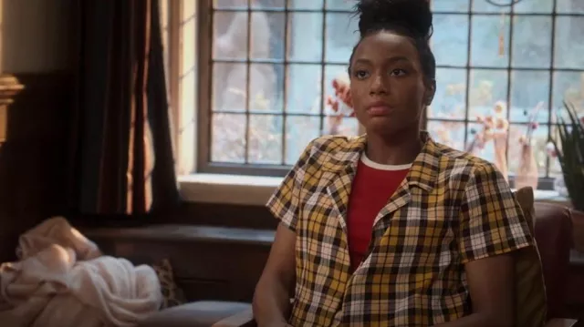 I.AM.GIA Keidis Tie-Front Plaid Top worn by Whitney Chase (Alyah Chanelle Scott) as seen in The Sex Lives of College Girls (S02E03)
