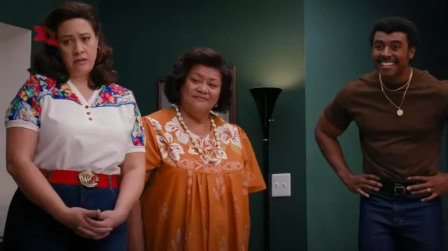 AmeriMark Floral Print Dress Short Sleeve House Dress worn by Lia Maivia (Ana Tuigamala) as seen in Young Rock (S03E02)