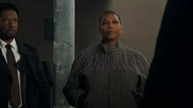 Celine Homme Crystal Embellished Prince of Wales Checked Wool Bomber Jacket worn by Robyn McCall (Queen Latifah) as seen in The Equalizer (S03E06)
