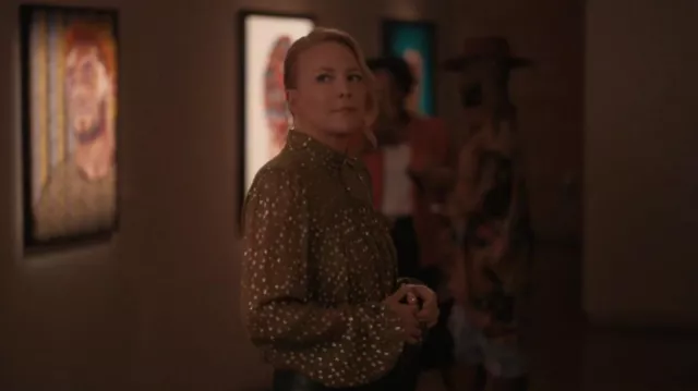 Zimmermann Pussy Bow Metallic Fil Coupé Blouse worn by Tina Kennard (Laurel Holloman) as seen in The L Word: Generation Q (S03E02)