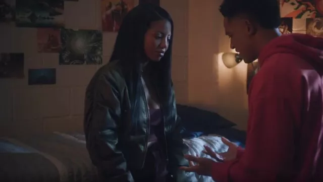 Aqua Deena Nylon Bomber worn by Thea Mays (Camille Hyde) as seen in All American: Homecoming (S02E07)