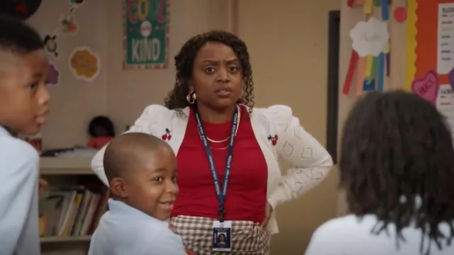 Aqua Pointelle Cardi­gan worn by Janine Teagues (Quinta Brunson) as seen in Abbott Elementary (S01E05)