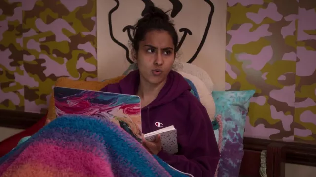 Champion hoodie in purple worn by Bela Malhotra (Amrit Kaur) as seen in The Sex Lives of College Girls (S02E06)