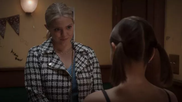 River Island Boucle Biker JAcket worn by Leighton Murray (Reneé Rapp) as seen in The Sex Lives of College Girls (S02E05)