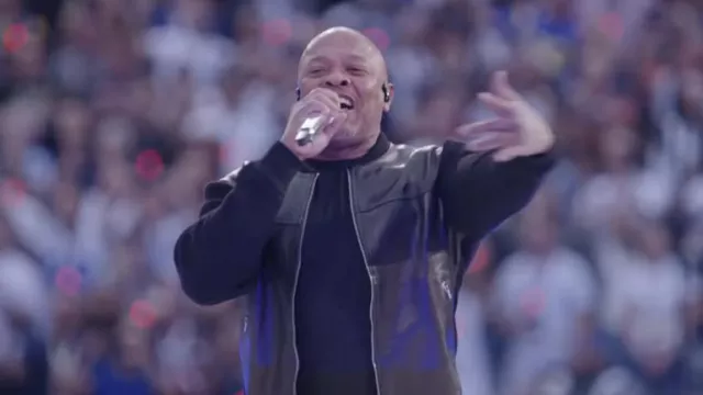 Black Bomber Jacket worn by Dr. Dre as seen in 56 NFL Superbowl Halftime Show on February 13, 2022