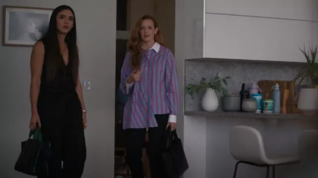 3.1 Phillip Lim Draped Front Stripe Asymmetrical Shirt worn by Natalie 'Nat' Bailey (Stephanie Allynne) as seen in The L Word: Generation Q (S03E03)