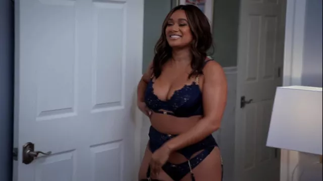 Roma Confidential Embroidered Lace Underwire Bra, Garter Belt & Thong Set  worn by Fatima (Crystal Renee Hayslett) as seen in Tyler Perry's Sistas  (S02E14)