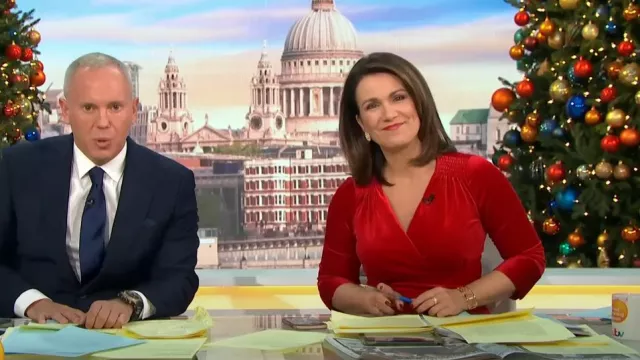 Bombshell London Bright Red Swing Velvet Tea Dress worn by Susanna Reid as seen in Good Morning Britain on December 6 2022 Spotern