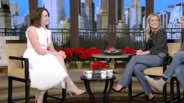 Huishan Zhang Fe­lic­i­ty Frayed-Trims Split-Hem Wo­ven Mi­di Dress worn by Claire Foy as seen in LIVE with Kelly and Ryan on December 5, 2022