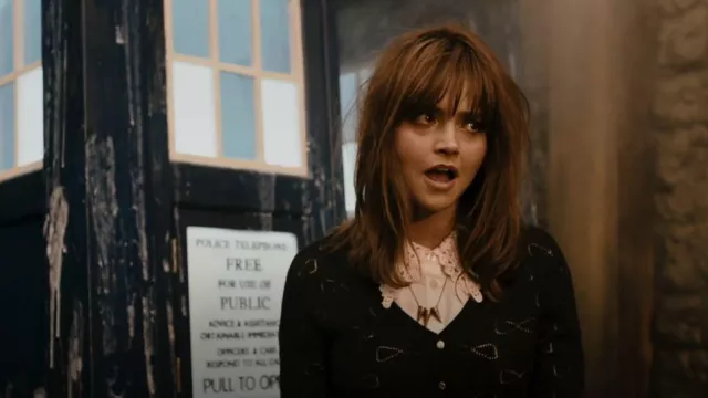 Vaudeville & Burlesque at Urban Outfitters Cream Lace Blouse worn by Clara (Jenna Coleman) as seen in Doctor Who (S08E01)