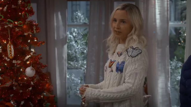 Sunset + Spring Cable Knit Embroidered Butterfly Sweater worn by Becky Conner-Healy (Lecy Goranson) as seen in The Conners TV show (Season 5 Episode 10)