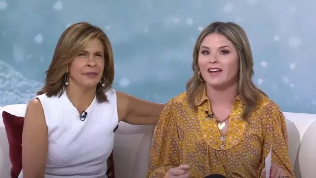 Ulla Johnson Aninda Mix Print Blouse in Citrine worn by Jenna Bush Hager as seen in Today with Hoda & Jenna on December 8, 2022