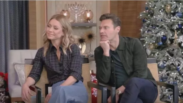 Nili Lotan Kaya Plaid Button-Down Shirt worn by Kelly Ripa as seen in LIVE with Kelly and Ryan on  December 9, 2022