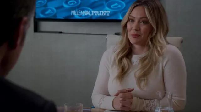 Jonathan Simkhai Lace Applique Crewneck Pullover Sweater worn by Kelsey Peters (Hilary Duff) as seen in Younger (S06E07)