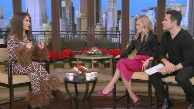 Valentino Feather-trim Chain-print Trousers worn by Salma Hayek as seen in LIVE with Kelly and Ryan on December 15, 2022