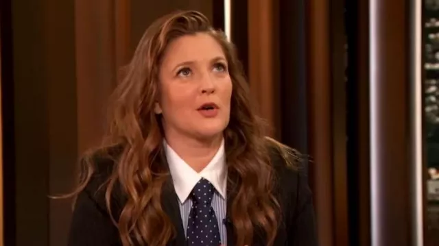 Max Mara Pinstriped cotton-poplin Shirt worn by Drew Barrymore as seen in The Drew Barrymore Show on December 8, 2022
