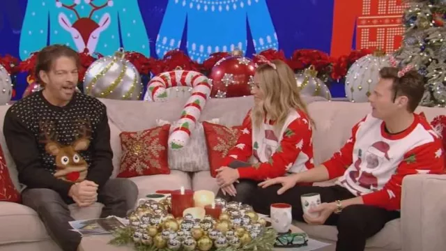 Daisy Boutique Holiday Reindeer Snowman Santa Snowflakes Sweater worn by Harry Connick Jr. as seen in LIVE with Kelly and Ryan on  December 16, 2022