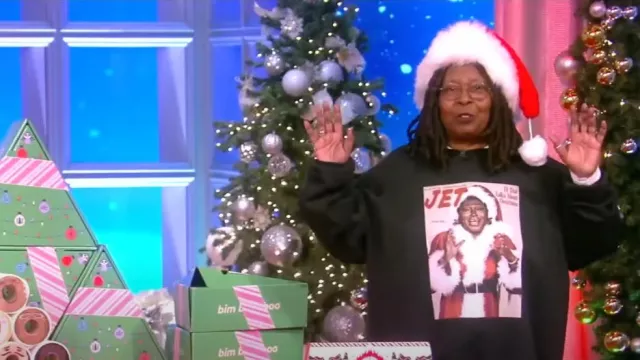 For The People Boutique Esther Rolle Black Santa Clause Sweatshirt worn by Whoopi Goldberg as seen in The View on December 19, 2022