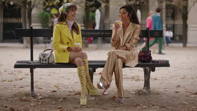 A public bench in Palais Royal garden in Paris as seen in Emily in Paris TV show (S03E09)