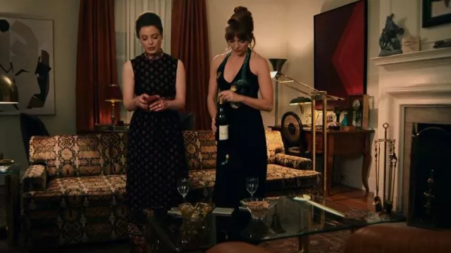Krisia 1970s Black Crepe Halter Gown Snake Print worn by Joyce (Ophelia Lovibond) as seen in Minx (S01E09)