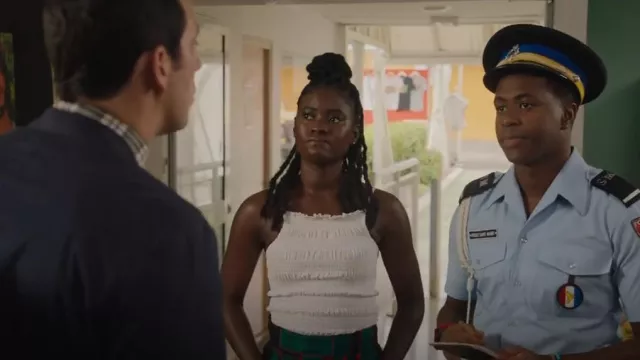 H&M Smocked Top In White worn by Naomi Thomas as seen in Death in Paradise (S11E07)