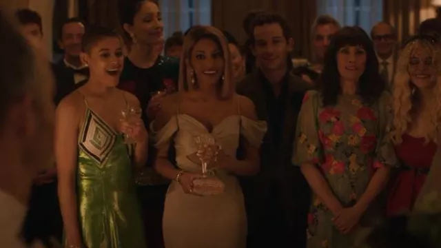 Rasario The-Shoulder Embellished Lace-Paneled Satin-Crepe Midi Dress worn by Monet de Haan (Savannah Lee Smith) as seen in Gossip Girl (S02E06)