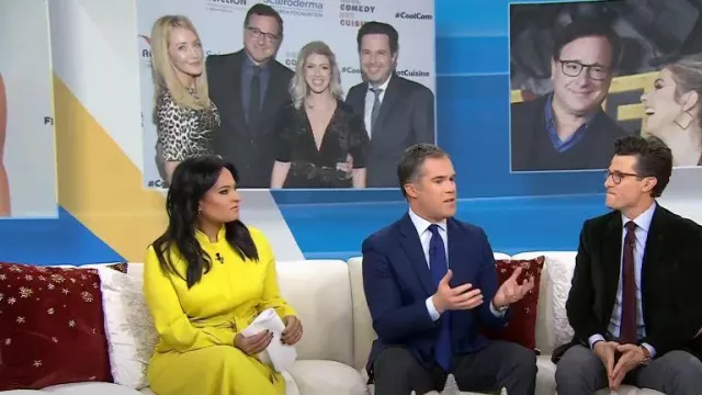 The Fold Remington Dress in Citrus Yellow Stretch Jacquard worn by Kristen Welker as seen in Today on December 29, 2022