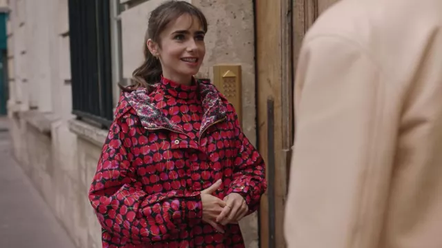La DoubleJ Cherry Print Turtleneck worn bu Emily Cooper (Lily Collins) in Emily in Paris Wardrobe (S03E08)