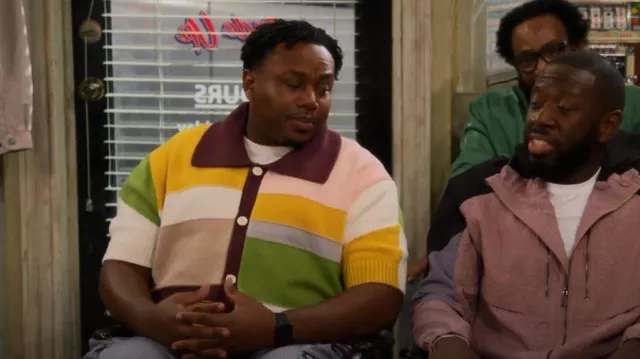 Yitai Patchwork Knit Button Up worn by Marty Butler (Marcel Spears) as seen in The Neighborhood (S04E02)