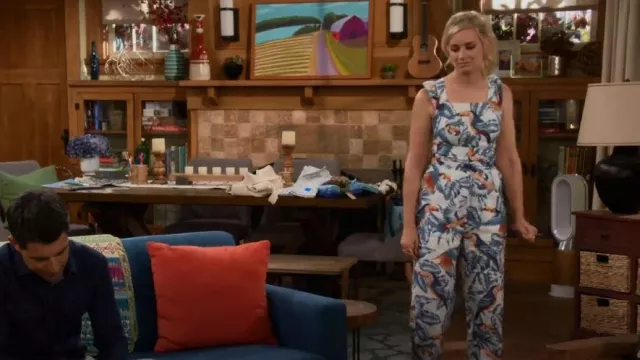 Farm Rio Flying Toucans Crossed Back Frilled Jumpsuit worn by Gemma Johnson (Beth Behrs) as seen in The Neighborhood (S04E04)