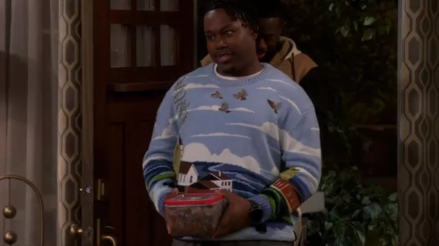 Yitai Spring Revival Embroidery Knit Jumper worn by Marty Butler (Marcel Spears) as seen in The Neighborhood (S04E16)