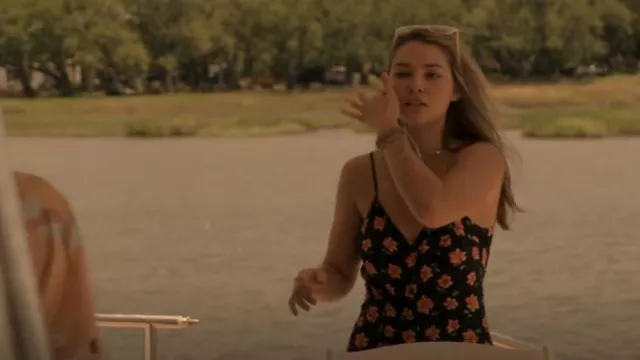 H&M Women Black and Orange Printed Dress with Buttons worn by Sarah Cameron (Madelyn Cline) as seen in Outer Banks (S01E01)