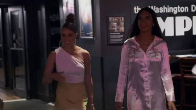 Lulus Boudoir Beauty White Satin Embroidered Shirt Dress worn by Deborah Williams as seen in The Real Housewives of Potomac (S07E12)