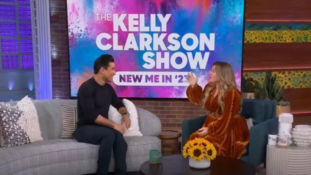 Ulla Johnson Erika Long Sleeve Ruffle Velvet Dress worn by Kelly Clarkson as seen in The Kelly Clarkson Show on January 5, 2023