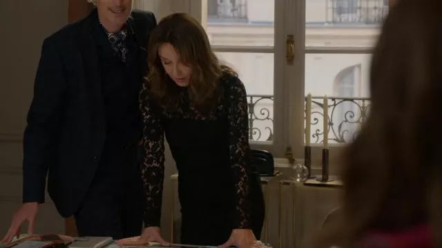 Dolce and Gabbana Ruched Lace Midi Dress worn by Sylvie Grateau (Philippine Leroy-Beaulieu) as seen in Emily in Paris (S02E01)