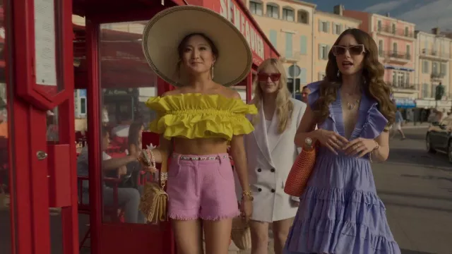 MSGM Fringed Edge Tweed Shorts worn by Mindy Chen (Ashley Park) as seen in Emily in Paris (S02E02)