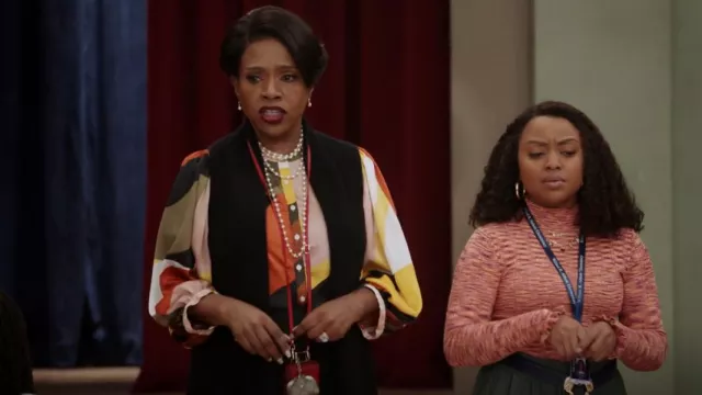Karl Lagerfeld Paris 3/4 Blouson Sleeve Multicolor Printed Crew Neck Button Front Blouse worn by Barbara Howard (Sheryl Lee Ralph) as seen in Abbott Elementary (S02E12)