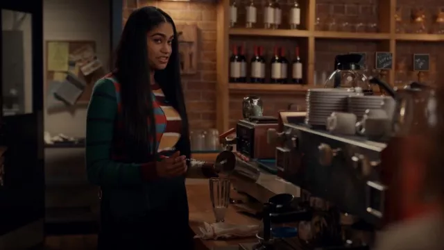 American Eagle Striped Patchwork Sweater worn by Padma (Rebecca Ablack) as seen in Ginny & Georgia (S02E09)