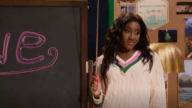 Rowing Blazers Ivory, Pink and Green Striped Trim v-Neck Sweater worn by Ziwe Fumdoh as seen in The Bachelor (S26E02)